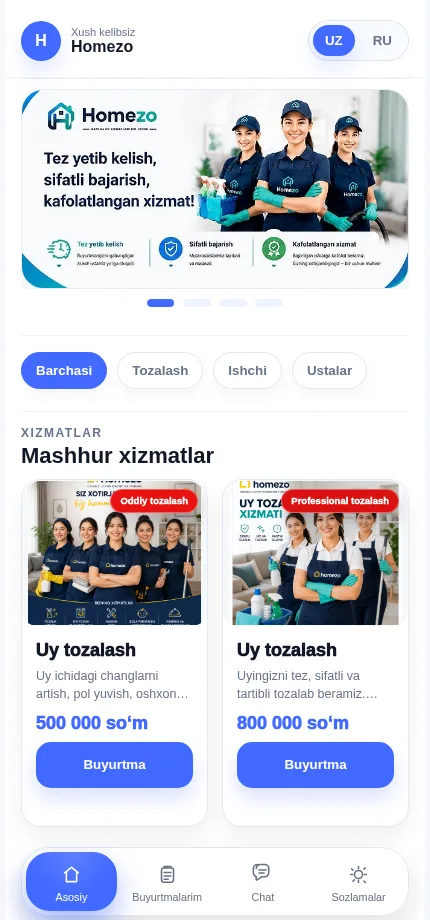 HomezoBot Telegram WebApp xizmatlar katalogi